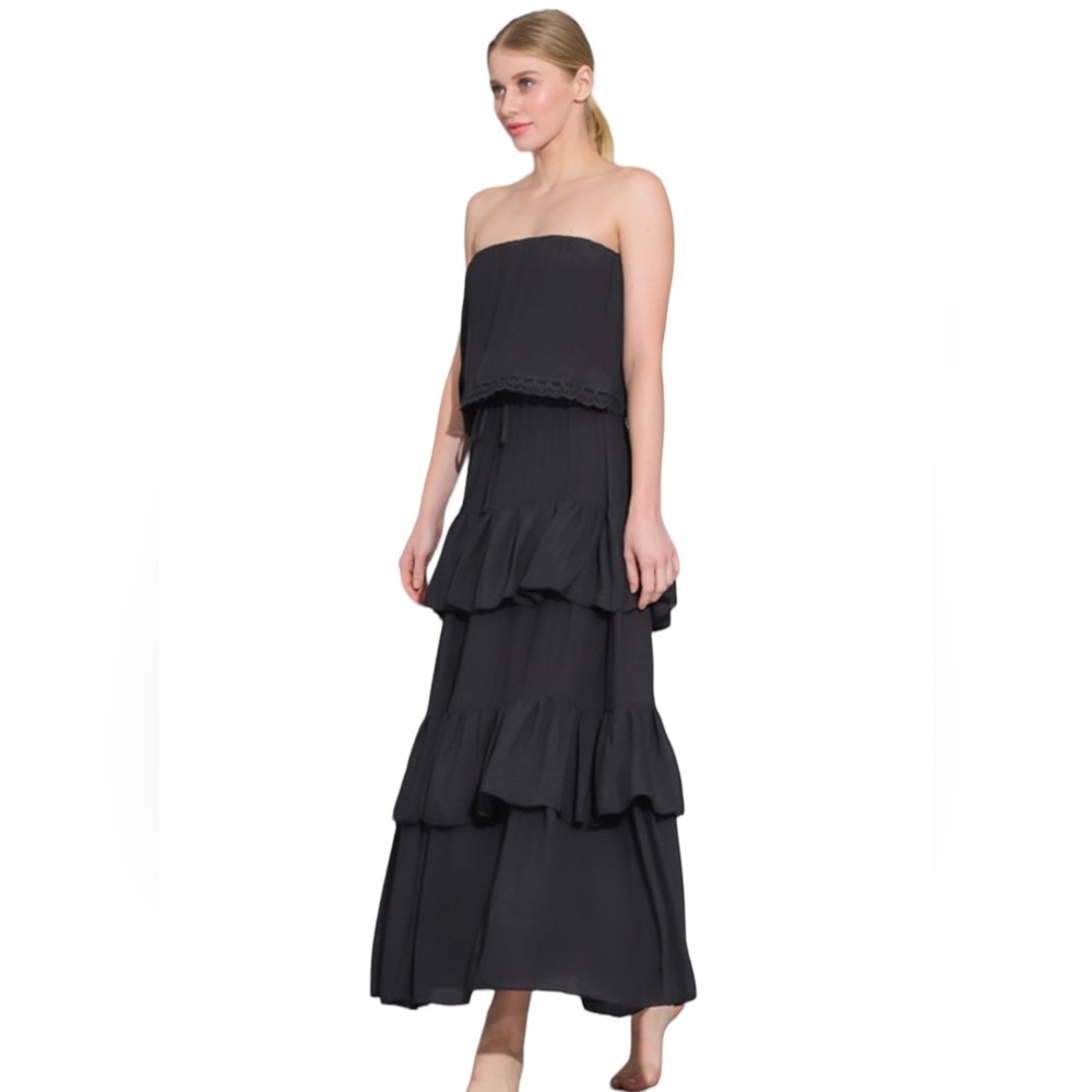 48. Women’s Black Gauze Ruffled Tier Strapless Midi Dress NWT